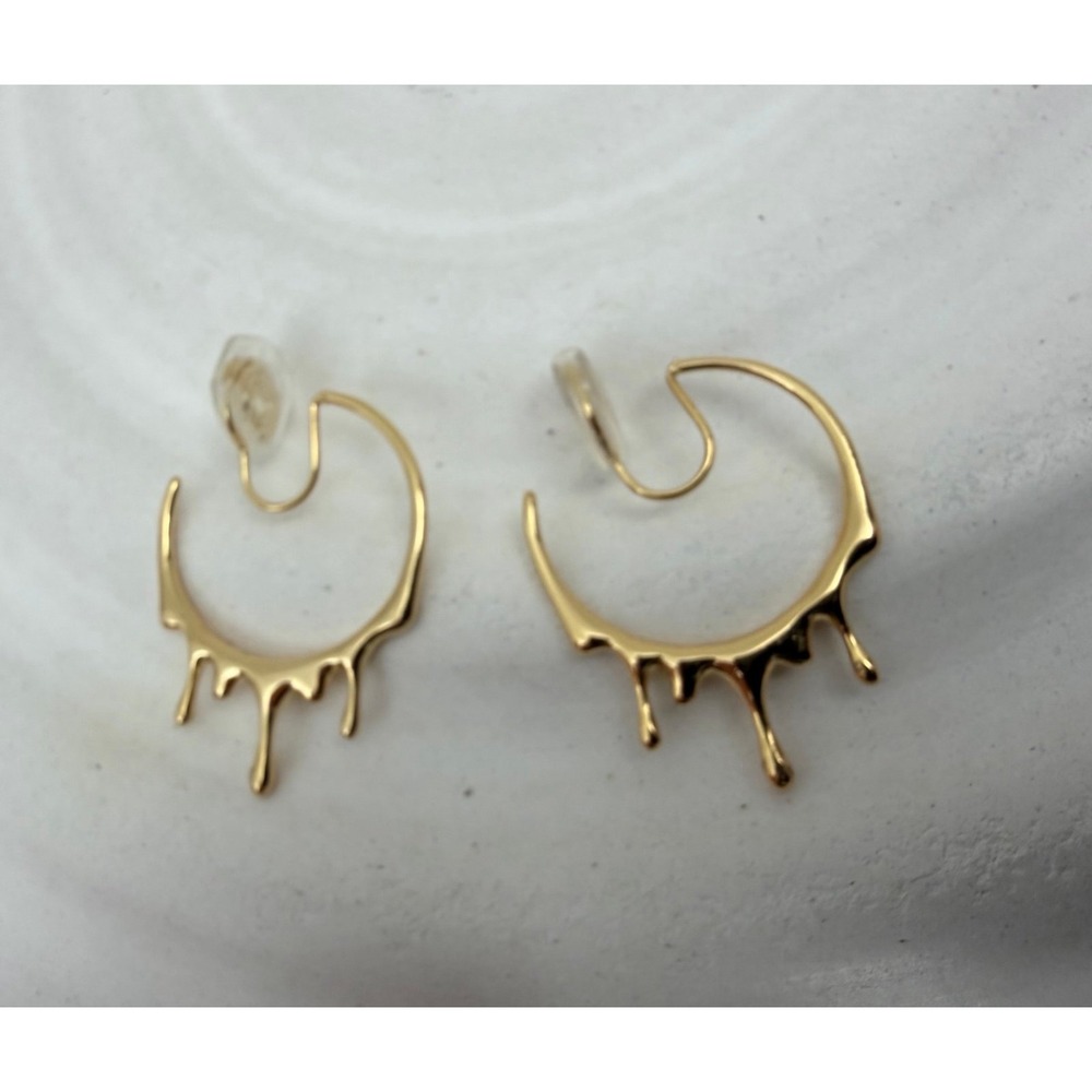 14K Gold Plated C Shape Drip Hoop Clip On Earrings Statement Jewelry